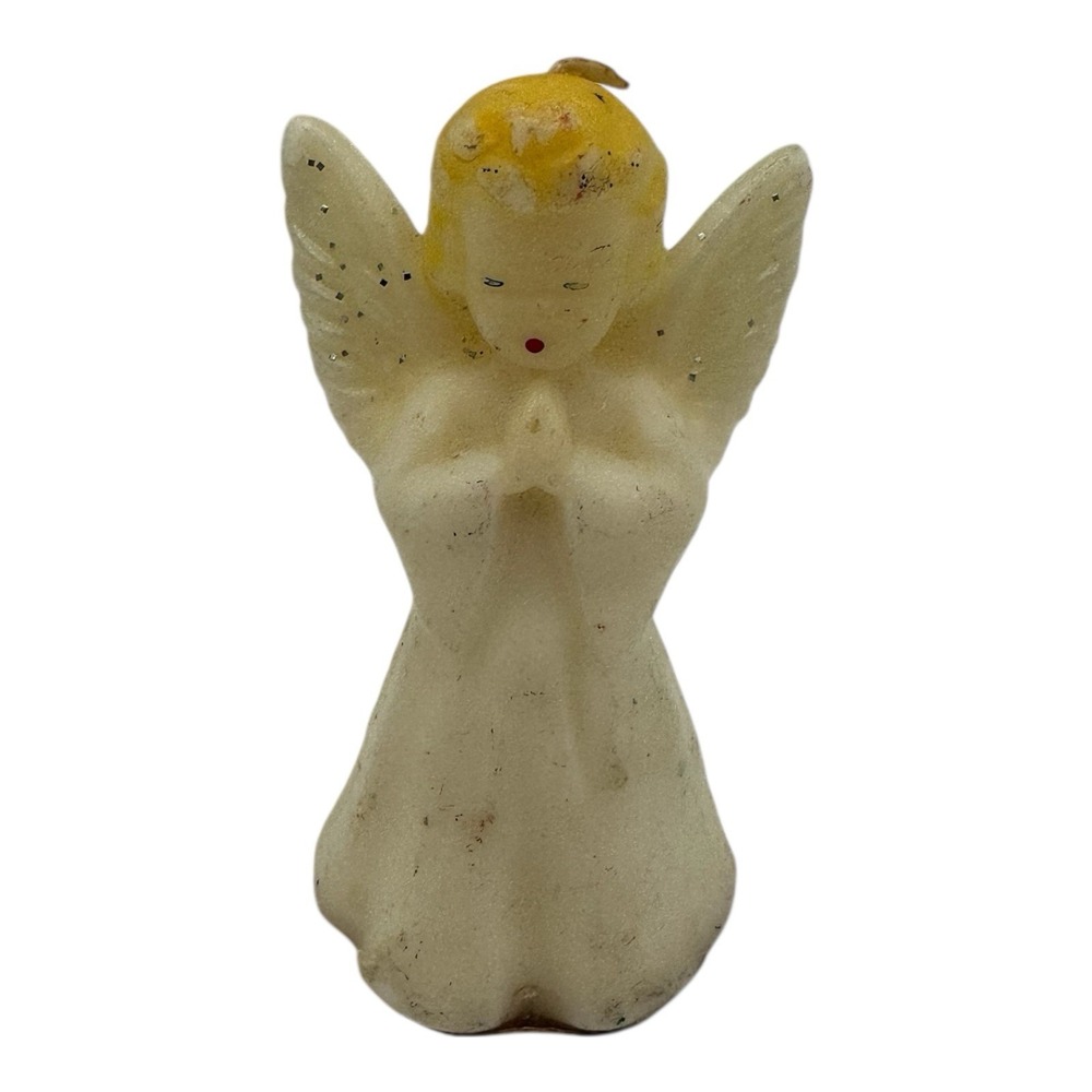 Vintage Gurley Candle Praying Christmas Angel 5" Tall Blonde Figural Glitter